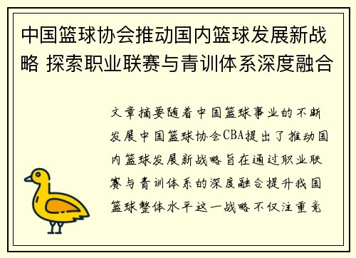 中国篮球协会推动国内篮球发展新战略 探索职业联赛与青训体系深度融合