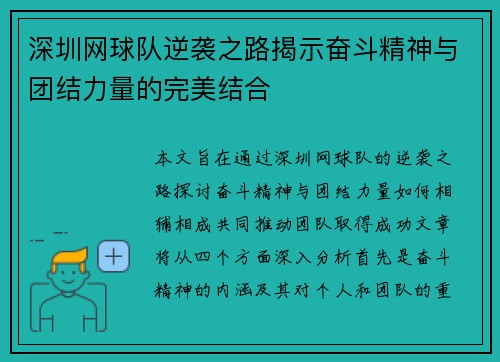 深圳网球队逆袭之路揭示奋斗精神与团结力量的完美结合